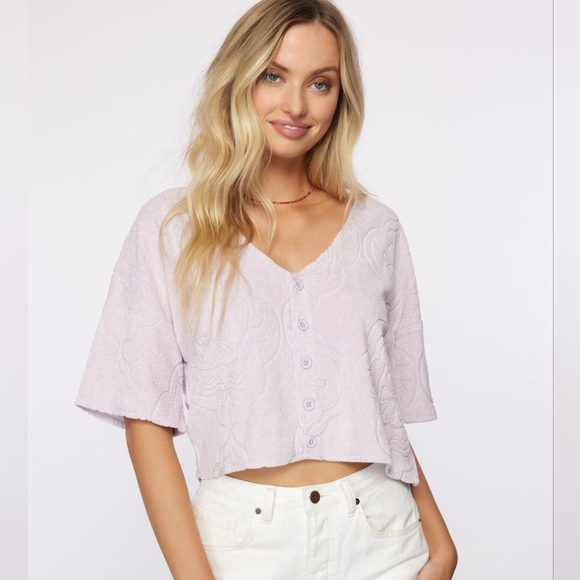 O'Neill Terry Cloth Button Up Shirt & Short Set Lilac Purple Flower Print - Picture 4 of 7